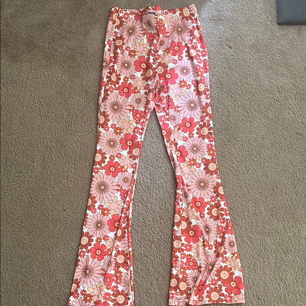 SHEIN Floral Boot Cut Pants - Pink and Red